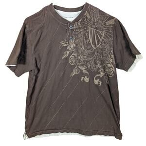 Point Zero Shirt Mens Large Brown Graphic Shield Short Sleeve Crewneck Y2K READ